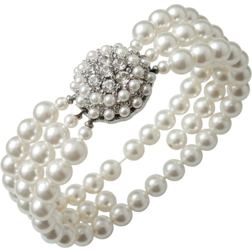 VTG 3-Strand Faux Pearl Bracelet Rhinestone Flower Box Clasp 7.5" Bridal Jewelry